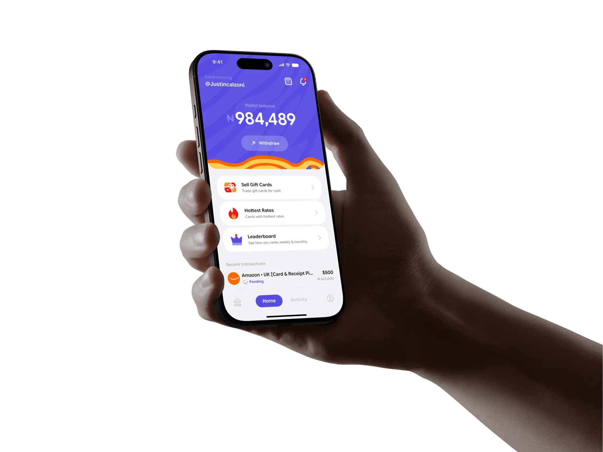 A hand holding a phone with the Ricki app open