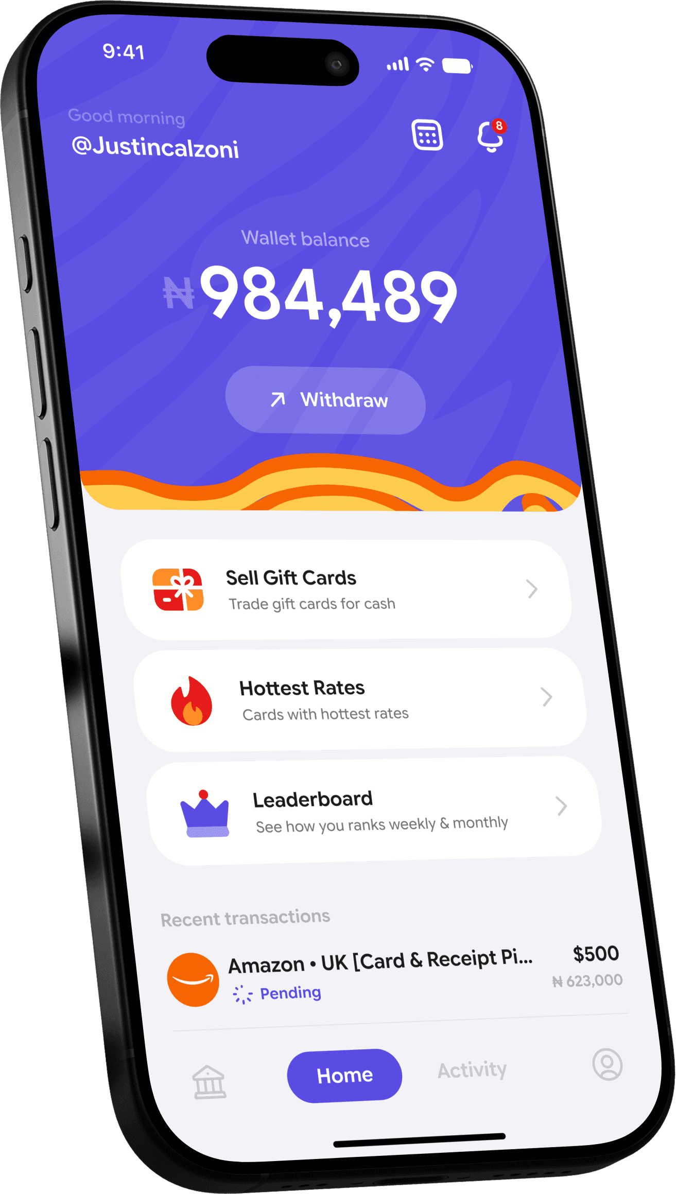 The Ricki app showing a wallet balance and the Sell Gift Cards menu